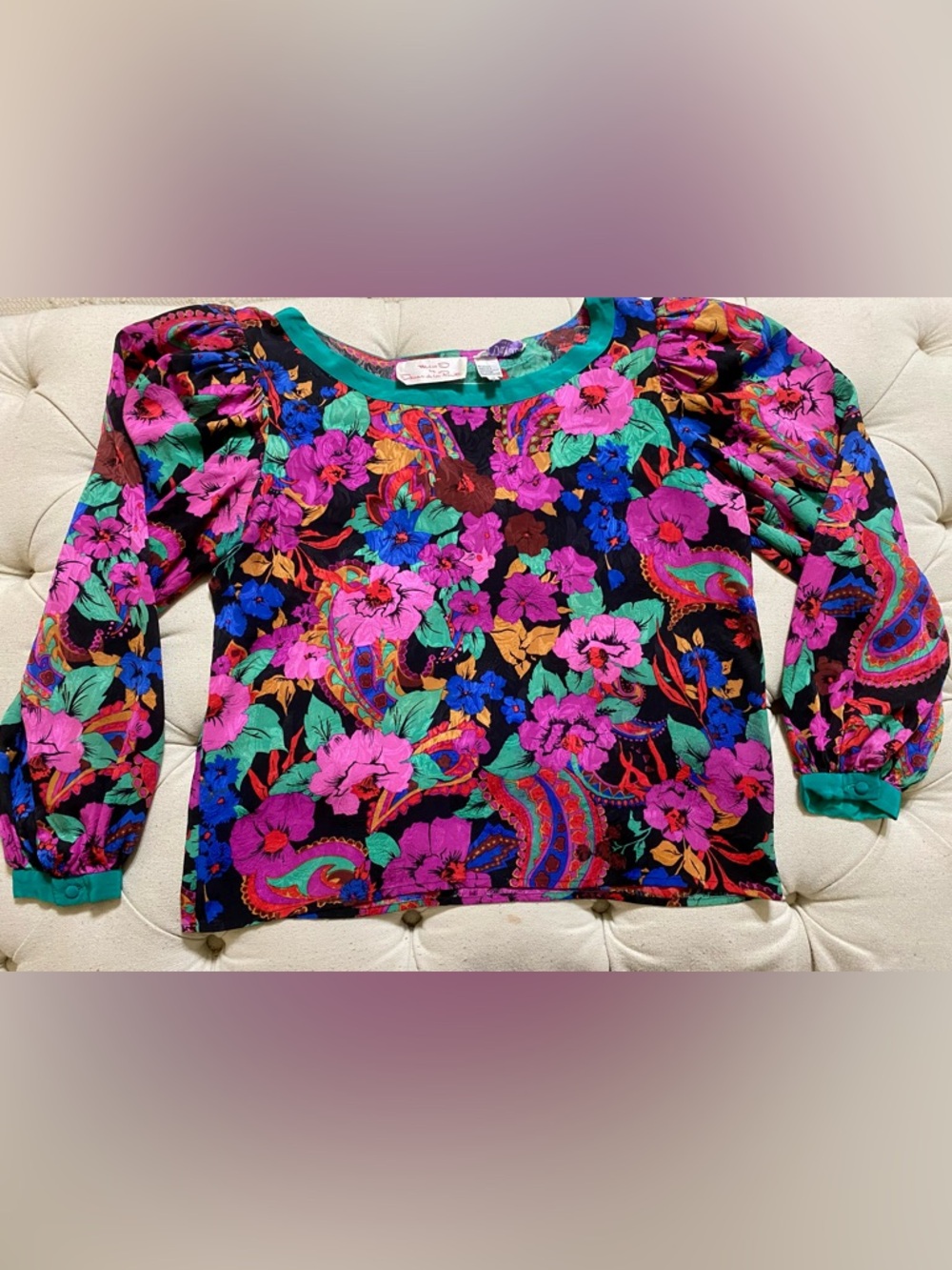OSCAR DE LA RENTA - Miss O- Multicolor Paisley Floral Top with Teal Trim